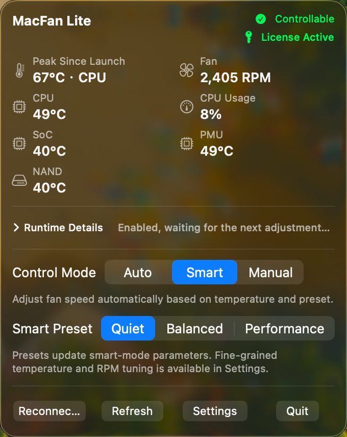 Mac Fan menu bar overview