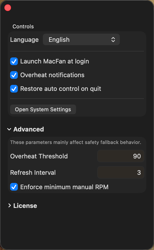 Mac Fan settings panel